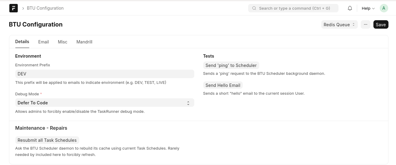 BTU Configuration — Details tab