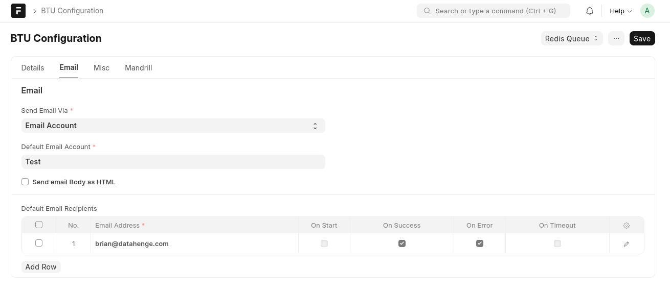 BTU Configuration — Email tab