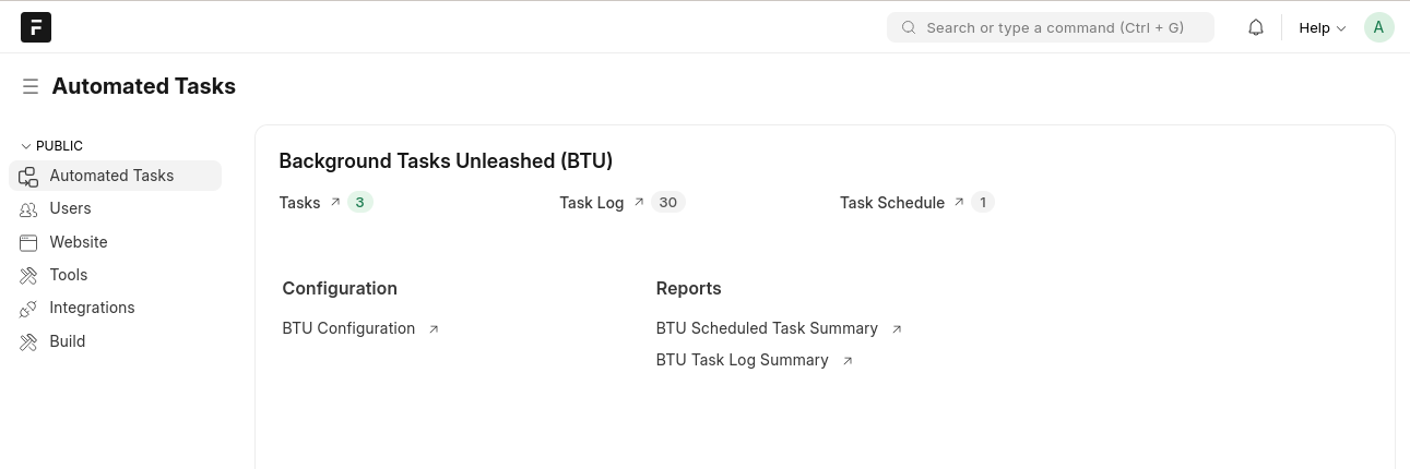 BTU workspace in Frappe Desk