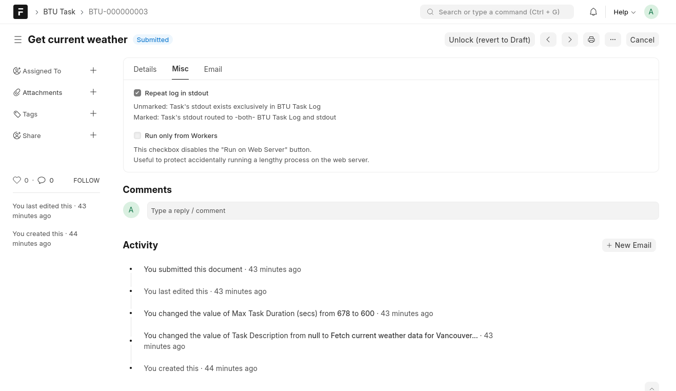 BTU Task — Misc tab