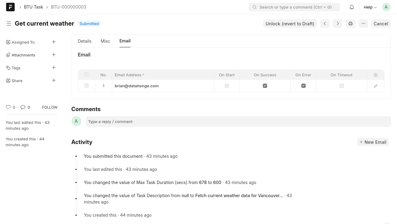 BTU Task — Email tab